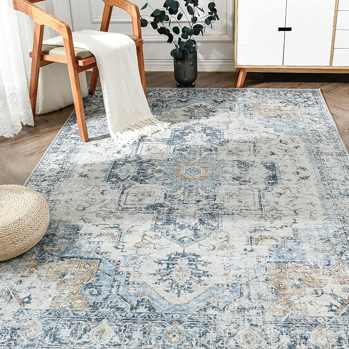 jinchan Area Rug 5x7 Washable Bedroom Rug Vintage Indoor Floor Cover Distressed Lightweight Non-Slip Low Pile Thin Mat Accent Stain Resistant Carpet for Living Room Dining Room Kitchen Office Blue