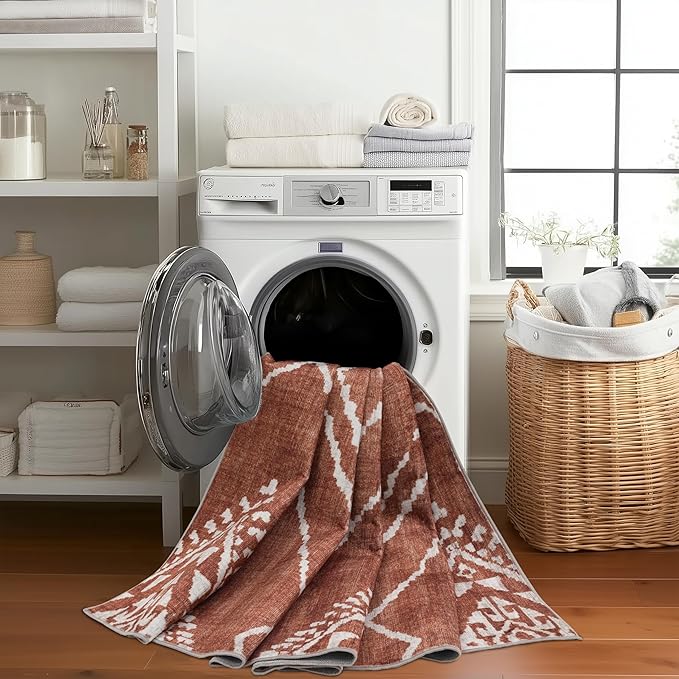 ReaLife Rugs Machine Washable Area Rug - Living Room Bedroom Bathroom Kitchen Entryway Office - Padded Low Pile Stain Resistant Premium - Moroccan Diamond Tribal - Jax - Orange 6' x 8'