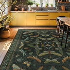 Green Living Room Rug - Vintage Washable Dark Green 10x14 Rug for Dining Room Under Table, Bedroom, Insect Moth Floral Design, Non-Slip Soft Low Pile