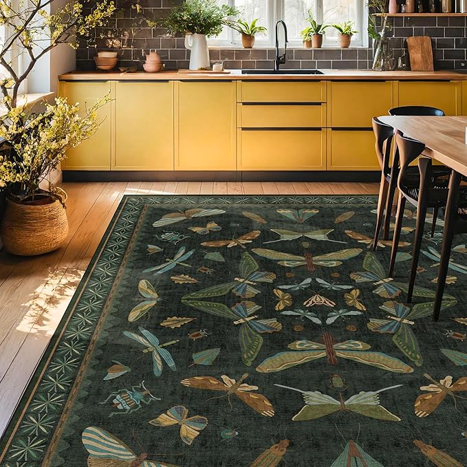 Forest Green Rugs for Living Room - 9x12 Big Rugs for Bedroom, Dining Room, Guest Room, Insect Moth Décor, Non Slip Low Pile