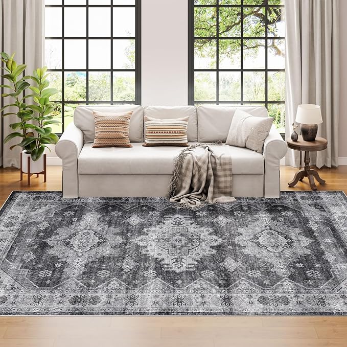 Dripex Vintage Washable Area Rug - 5x8 Distressed Rugs for Living Room Bedroom Oriental Medallion Floral Print Carpet Low-Pile Indoor Soft Non-Slip Accent Rug Farmhouse Office Home Decor