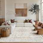 9x12 Washable Vintage Area Rug for Living Room Bedroom Beige Grey Soft Tranditional Non Slip Large Throw Rug Lightweight Floral Low Pile Distressed Carpet Office Playroom Dining Room