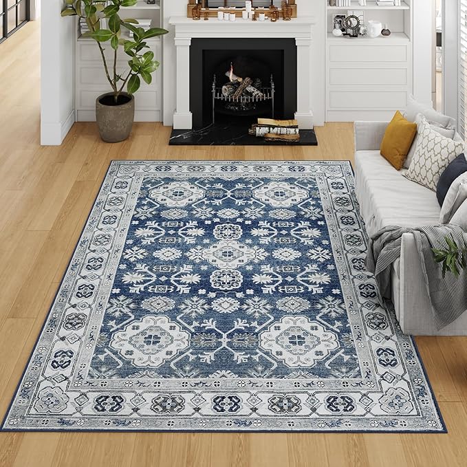 VK VK·LIVING Machine Washable Rug 4'x6' Vintage Design Washable Area Rugs with Non Slip Rugs for Living Room Bedroom Traditional Woven Carpet Stain Resistant Home Decor Office Boho Rug (Navy)