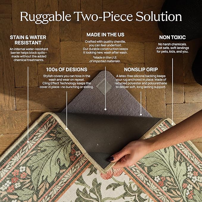 RUGGABLE Washable Vintage Area Rug – Sarrah Hazel 8 ft Round, Stain-Resistant, Non-Slip – Large Machine Washable Rugs for Living Room, Bedroom, Hallway, Entryway & Office–with Standard Pad
