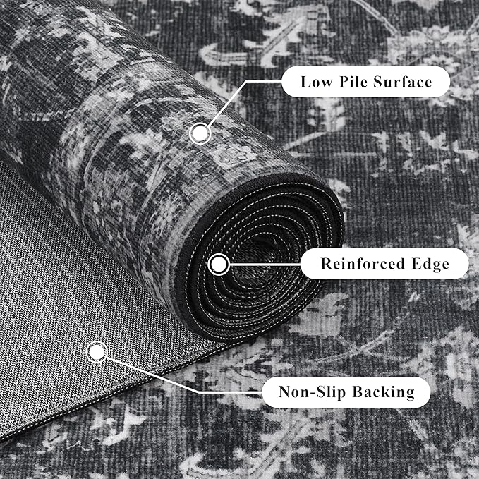 6ft Round Washable Area Rugs for Living Room, Vintage Boho Large Rug for Bedroom Dining Room Office, Distressed Floral Print Carpet for Under Table, Soft Non Slip Low Pile Throw Indoor Mat, Black