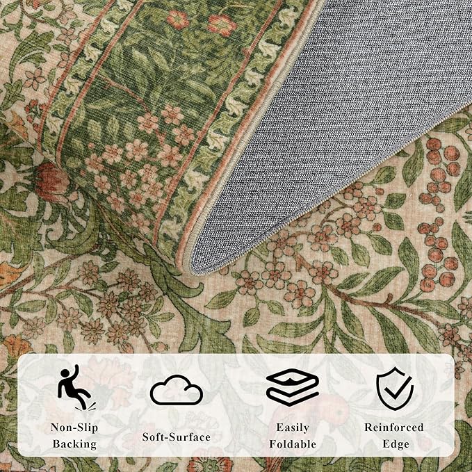 2.6x8 Floral Washable Area Rug Soft Runner Rugs for Kitchen, Vintage Boho Hallway Rug for Bedroom Dining Room, Botanical Birds Non Slip Low Pile Throw Carpet, Retro Pink/Green
