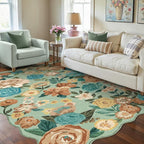 Washable Floral Area Rug 3x5 Green Office Carpet Scalloped Flower Non Slip Soft Entrance Door Mat Farmhouse Low Pile Thin Indoor Floor Cover for Kitchen Bathroom Bedroom Laundry Living Room