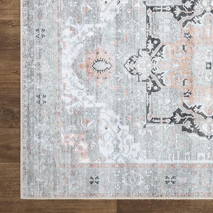 Bloom Rugs Washable Non-Slip 3' x 5' Rug - Gray/Coral Pink Traditional Area Rug for Living Room, Bedroom, Dining Room, and Kitchen - Exact Size: 3' x 5'