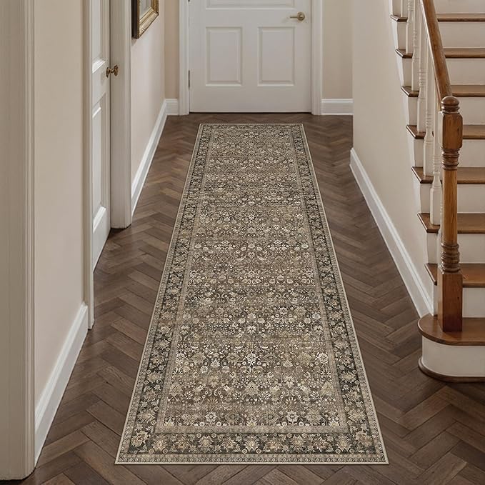 HUGEAR 2'6''x12 Runner Rug Machine Washable Brown Hallway Area Rug Indoor Accent Rug Floral Low Pile Carpet Soft Throw Rug Bedroom Living Room Office Dining Room Kitchen Laundry Room Non Slip