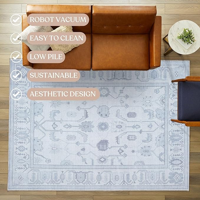 Fame Living Beige Oushak Rug, Modern Small Rugs, Vintage, Turkish, Eclectic, Floral, Pastel, Washable, Door Mat, Doormat for Indoor Entrance, Entryway, Kitchen, Bathroom, Bedroom, Laundry, 2'x3'