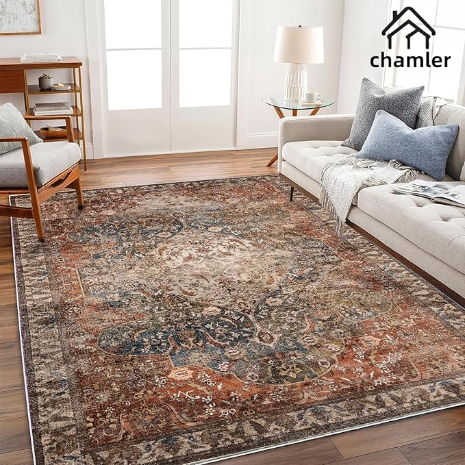 9x12 Washable Area Rug Boho Chic Medallion Distressed Design Non-Shedding Easy Care Ideal for High Traffic Areas in Rug for Living Room Bedroom Office Coffee Table Large Carpet