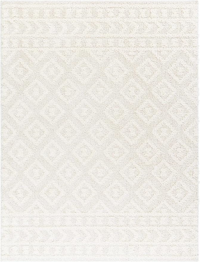Hauteloom Tilos Moroccan Farmhouse Small Shag Area Rug Door Mat - Shaggy Carpet - Trellis Pattern - High Plush Pile - Cream, Pink, Beige - 2' x 3'