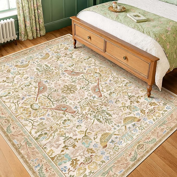 Washable Area Rugs 5x7 for Living Room - Boho Cottagecore Earthy Rugs for Bedroom, Dinning Room, Office with Vintage Beige Taupe Botanical & Bird Pattern, Non Slip Stain Resistant Low Pile