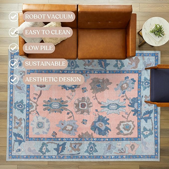 Fame Living Modern Oushak Rug, Vintage, Turkish, Eclectic, Floral, Pastel, Washable, Area Rugs for Living Room, Dining, Bedroom, Nursery, Girls, Boys, 5'9"x8'9"