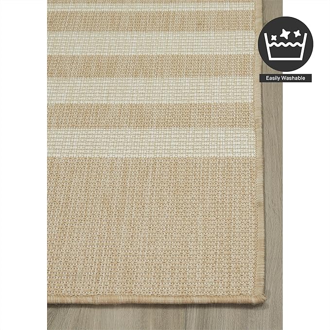 FH Home Flat Woven Outdoor Rug - Waterproof, Easy to Clean, Stain Resistant - Premium Polypropylene Yarn - Modern Geometric Kilim - Patio, Deck, Porch, Balcony - Mesa - Beige - 2ft 7in x 4ft 11in