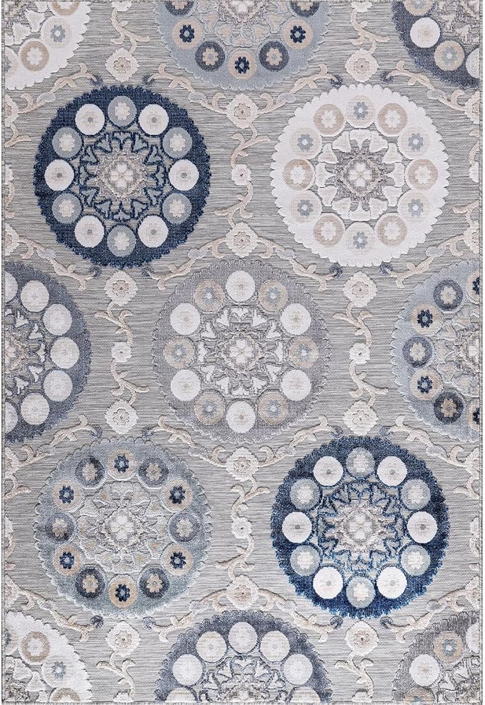 CAMILSON Indoor Outdoor Rug 9x12 Bohemian Medallion Floral Area Rugs for Indoor and Outdoor Patios Easy-Cleaning Non-Shedding Living Room Garden and Kitchen Washable Outside Carpet (9 x 12 / Blue)