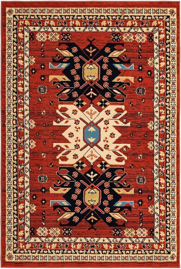 Unique Loom Taftan Collection Border Geometric Tribal Inspired Design Area Rug (4' 0 x 6' 0 Rectangular, Terracotta/ Ivory)
