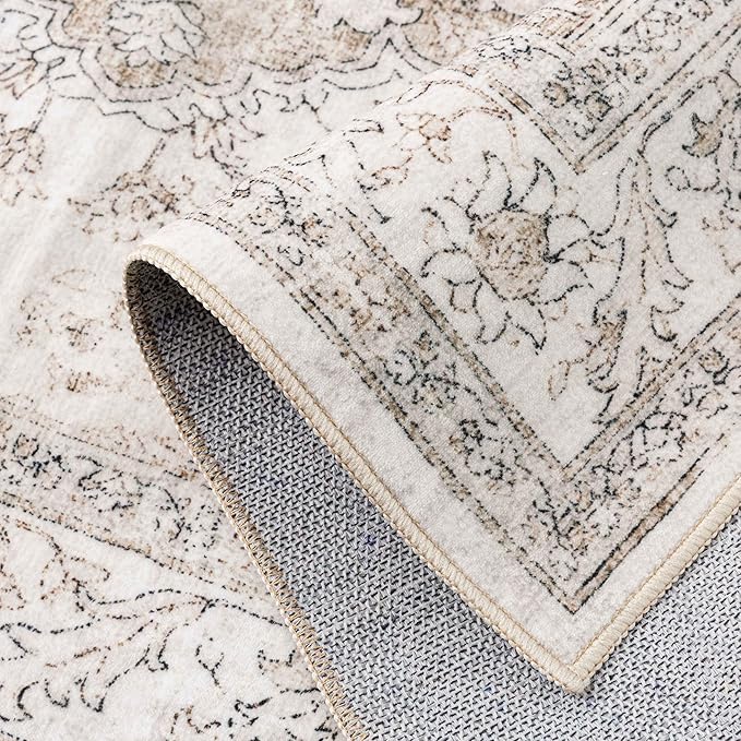 Beige Area Rug 7x9 Washable Living Room Carpet Vintage Non Slip Soft Bedroom Indoor Office Retro Low Pile Thin Oriental Medallion Large Rug for Dining Room Playroom
