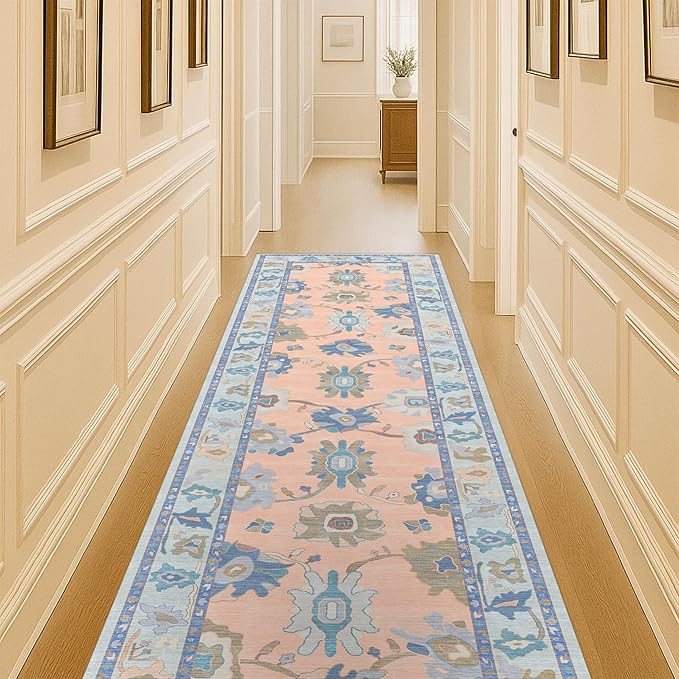 Fame Living Modern Oushak Runner Rug, Runners, Vintage, Turkish, Eclectic, Floral, Pastel, Washable, Long Runner Rugs for Hallway, Kitchen, Living Room, Bedroom, Kitchen, Bathroom, 2'5"x13'