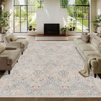 8x10 Floral Washable Area Rugs for Living Room, Vintage Boho Large Rug for Bedroom Dining Room, Distressed Botanical Birds Non Slip Low Pile Forest Animal Throw Carpet for Farmhouse Office, Beige Blue