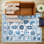 Fame Living Navy Blue Oushak Rug, Modern, Vintage, Turkish, Eclectic, Floral, Pastel, Washable, Oversized, Extra Large Area Rugs for Living Room, Dining, Bedroom, Lounge 9'5"x14'