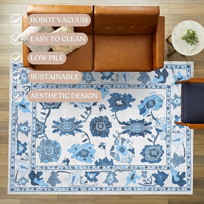Fame Living Navy Blue Oushak Runner Rug, Modern Runners, Vintage, Turkish, Eclectic, Floral, Pastel, Washable, Runner for Hallway, Kitchen, Bedroom, Bathroom, 2'5"x9'8"
