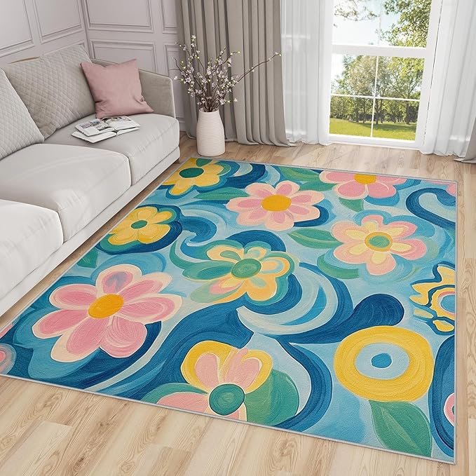 Floral Rug 3x5 - Modern Artistic Flower Rugs for Bedroom Non Slip Low Pile Machine Washable Area Rugs for Living Room Kitchen, Floral Carpet House Decor & Gifts