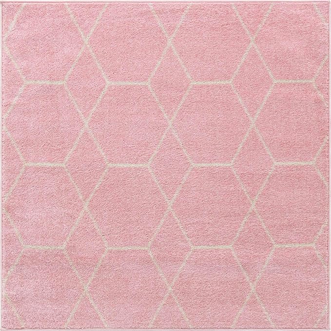 Unique Loom Trellis Frieze Collection Area Rug - Geometric (4' Square, Light Pink/ Ivory)