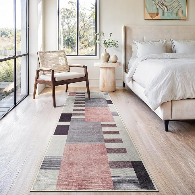 Bloom Rugs Washable Non-Slip 12 ft Runner - Beige/Pink Modern Geometric Runner for Entryway, Hallway, Bathroom, and Kitchen - Exact Size: 2.5' x 12'