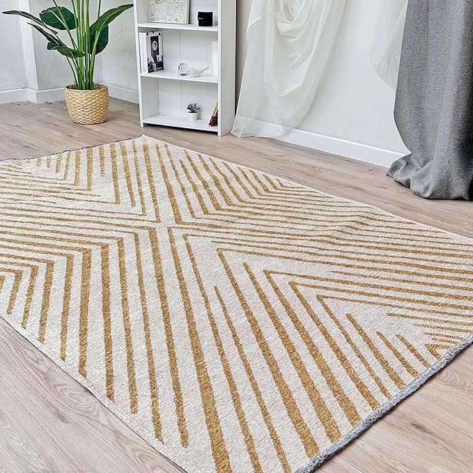 Alfa Rich 4x6 Geometric Gold Off White Washable Area Rugs for Living Room Bedroom Kitchen Cotton Rug