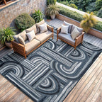CAMILSON Indoor Outdoor Rug, Navy Blue 6x9 Geometric Arch Striped Area Rugs for Patio and Home Areas, Easy-Cleaning Non-Shedding Living Room, Garden and Deck Washable Outside Carpet (6 x 9)