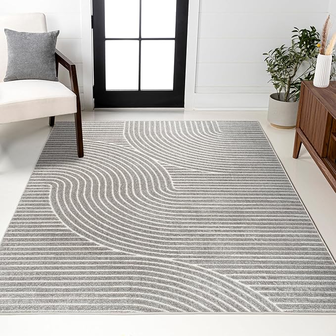 JONATHAN Y Hallie High-Low Curve Gray/Ivory Indoor/Outdoor Area Rug, 8x10, Minimalist, Pet Friendly, Non-Shedding, Stain Resistant, Hose-Washable for Backyard, Patio, Porch (SCN100A-8)