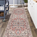 KOZYFLY Boho Runner Rug 3x8 Ft Washable Hallway Rug Faux Wool Printed Long Floor Carpet for Entryway Bedroom Kitchen Living Room Indoor Soft Durable Design, Terracotta/Beige