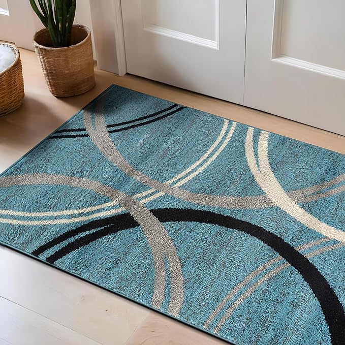 Rugshop Modern Wavy Circles Design Accent Rug, Fade-Resistant Carpet for Entryway, Bathroom, or Kitchen, Blue, 2'7" x 4'
