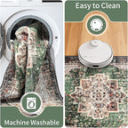 Round Rug 5ft for Bedroom, Green Washable Circle Rug Non-Slip Boho Area Rug 5' Round Carpet for Dining Room Kitchen Dorm Bathroom Low Pile Soft