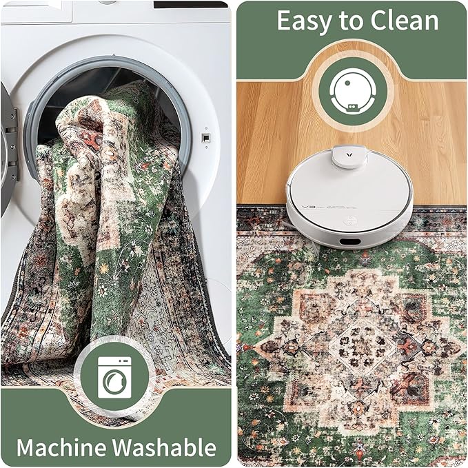 Round Rug 4ft for Bedroom, Green Washable Circle Rug Non-Slip Boho Area Rug 4' Round Carpet for Dining Room Kitchen Dorm Bathroom Low Pile Soft