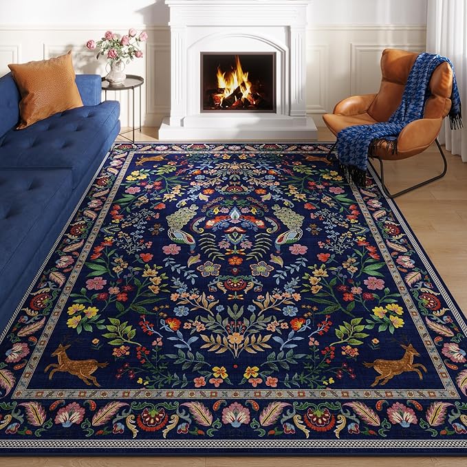 Rugcomf Round Rug 4ft Washable Circle Rug Floral Non Slip Low Pile Small Circular Rug for Bedroom, Bathroom, Entryway, Kids Room, Office(Blue)