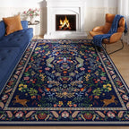 Rugcomf Round Rug 4ft Washable Circle Rug Floral Non Slip Low Pile Small Circular Rug for Bedroom, Bathroom, Entryway, Kids Room, Office(Blue)