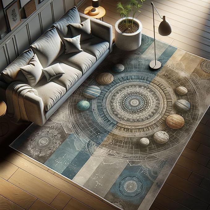 Ambesonne Space Boho Decorative Rug, Modern Interpretation of Outer Galaxy Art Planets and Trippy Mandalas, Quality Carpet for Bedroom Dorm and Living Room, 2' 5" x 5', Sea Blue Eggshell Tan