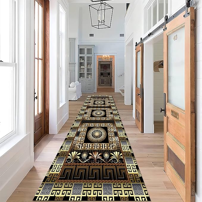 Luxury Greek Key Runner Rug, 2x7ft, Black Gold Arabic Style Long Hallway Rug Runners, Modern Black Gold Rugs for Living Room, Easy Clean Pet Friendly Non-Slip Mat for Entryway Floor