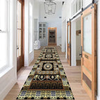 Luxury Greek Key Runner Rug, 2x8ft, Black Gold Arabic Style Long Hallway Rug Runners, Modern Black Gold Rugs for Living Room, Easy Clean Pet Friendly Non-Slip Mat for Entryway Floor