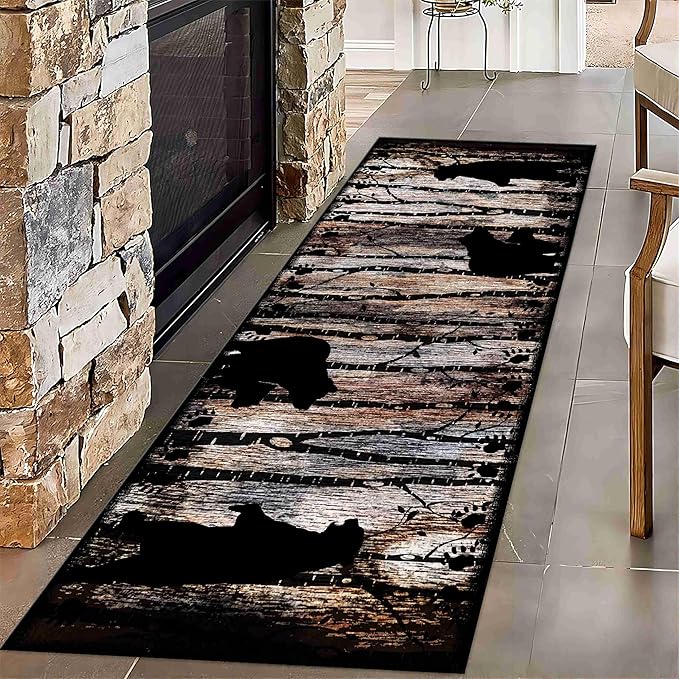 Wildlife Bear Runner Rug, 2x8ft, Vintage Wood Grain Wild Animal Black Bear Corridor Carpet, Non-Slip Washable Long Runner Rug for Farmhouse, American Country Wood Floor Entrance Rug Door Mat