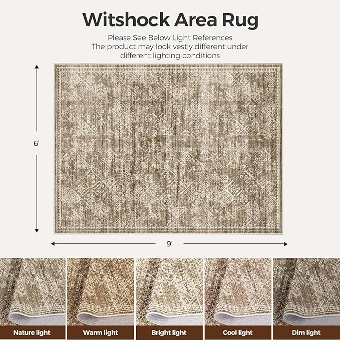 WITSHOCK 6x9 Area Rugs for Living Room: Machine Washable Non Slip Modern Abstract Carpet - Low Pile Print Rug for Bedroom Dining Room - Stain Resistant for Household - Pet Owners (Earthy Brown)