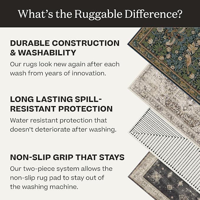 RUGGABLE Washable Vintage Area Rug – Kamran Hazel 5x7, Stain-Resistant, Non-Slip – Medium Machine Washable Rugs for Living Room, Bedroom, Hallway, Entryway & Office–with Standard Pad