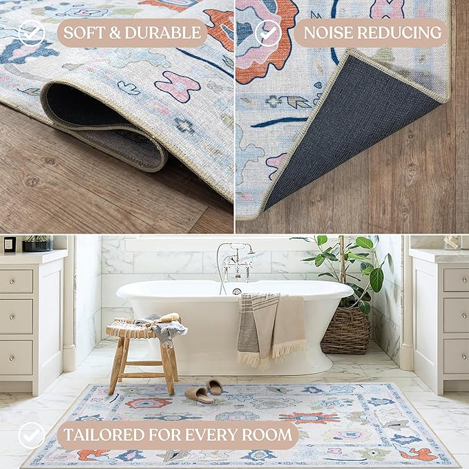Fame Living Cream Oushak Rug, Modern, Vintage, Turkish, Eclectic, Floral, Pastel, Washable, Oversized, Extra Large Area Rugs for Living Room, Dining, Bedroom, Lounge 9'5"x14'