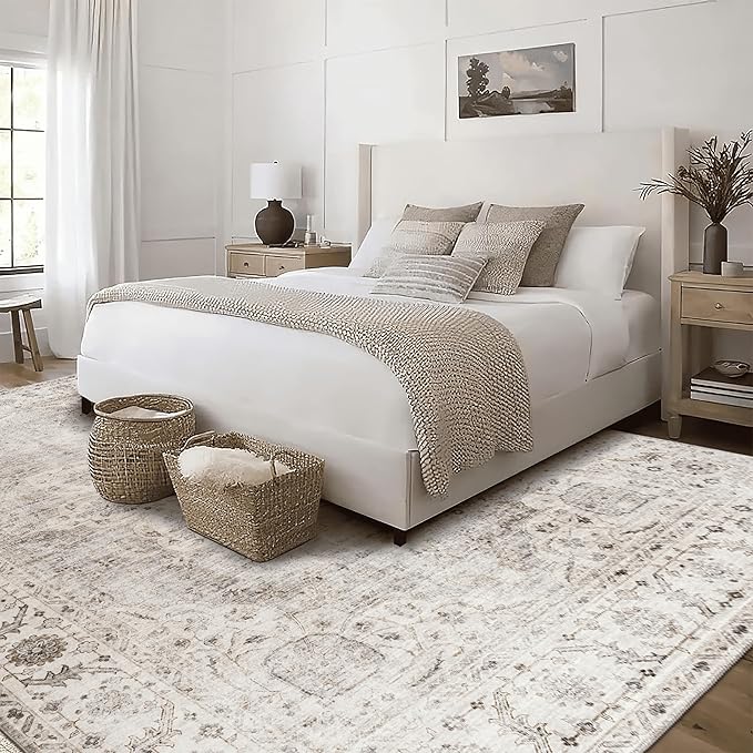 ReaLife Rugs Machine Washable Area Rug - Stain Resistant,Non-Shed - Eco-Friendly,Non-Slip, Family & Pet Friendly - Made from Premium Recycled Fiber - Vintage Bohemian Medallion - Beige Ivory, 3' x 5'
