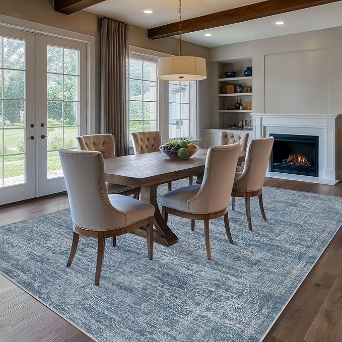 Area Rug Living Room Rugs - 10x14 Abstract Large Soft Indoor Washable Rug Neutral Modern Low Pile Carpet for Bedroom Dining Room Farmhouse Home Office - Dark Blue