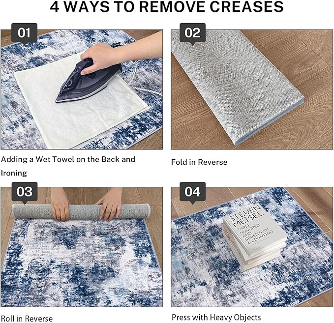 Modern Abstract Hallway Runner Rug, Grey Navy Blue 3x8 Runner Rug, Washable Kitchen Runner Non-Slip Soft Thin Print Faux Wool Carpet for Entryway Bedroom Laundry Room Indoor