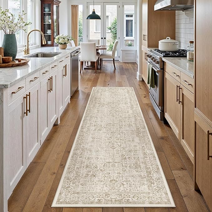 Light Brown Runner Rug 2'6"x14' Washable Carpet for Hallway Kitchen Vintage Distressed Non Slip Indoor Retro Floral Bedroom Accent Throw Long Rug Bathroom Office Laundry Dining Living Room