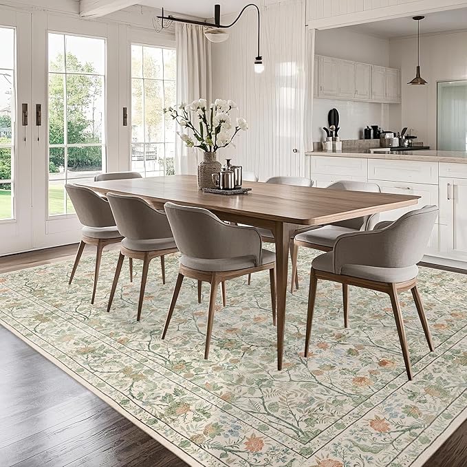 Washable Living Room Rug: 9x12 Boho Floral Soft Area Rug for Bedroom Decor - Vintage Low Pile Thin Carpet for Dining Room Non-Slip - Farmhouse Stain Resistant Rugs - Beige Green